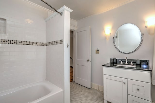 150 Westwood Rd, New Haven, CT 06515 - bathroom featuring vanity, shower / bath combination, crown molding, and tile patterned floors
