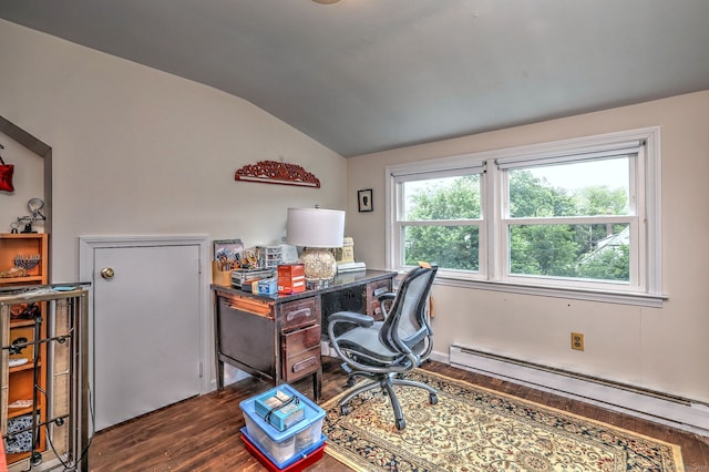 150 Westwood Rd, New Haven, CT 06515 - office area featuring lofted ceiling, a baseboard heating unit, and dark wood-style floors
