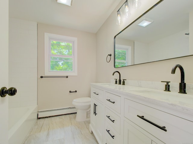185 Hope Valley Rd, Hebron, CT 06231 - full bathroom with a baseboard radiator, marble look tile flooring, double vanity, and healthy amount of natural light