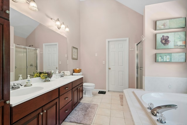 20 Lisbon Ter, Oxford, CT 06478 - full bathroom featuring vaulted ceiling, a shower stall, double vanity, a bath, and tile patterned flooring