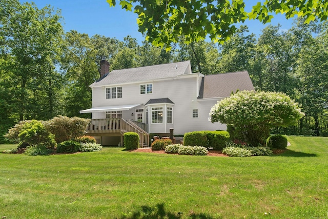 20 Lisbon Ter, Oxford, CT 06478 - back of house featuring a chimney, a wooden deck, a lawn, stairs, and view of scattered trees