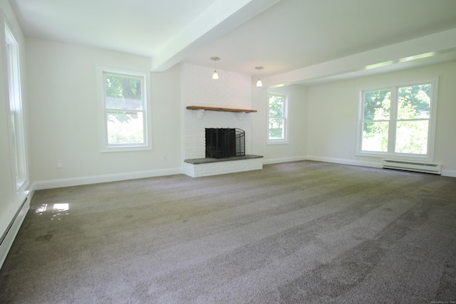 1 Quaker Ridge Rd, Sherman, CT 06784 - unfurnished living room with a baseboard radiator, carpet, and plenty of natural light