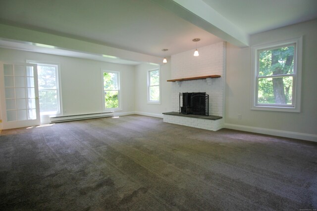 1 Quaker Ridge Rd, Sherman, CT 06784 - unfurnished living room with a baseboard radiator, dark carpet, and a brick fireplace