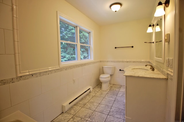 1 Quaker Ridge Rd, Sherman, CT 06784 - full bathroom featuring a baseboard radiator, tile walls, vanity, marble look tile flooring, and wainscoting