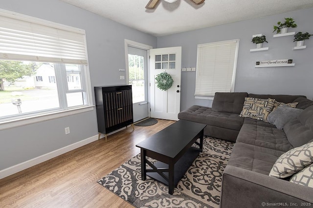18 Hull Dr, Southington, CT 06479 - living room featuring wood finished floors, a ceiling fan, and a textured ceiling