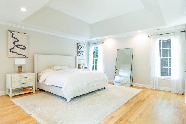 81 Salem Rd, Trumbull, CT 06611 - bedroom featuring light wood-style flooring, a tray ceiling, recessed lighting, and crown molding