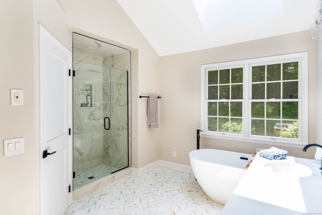 81 Salem Rd, Trumbull, CT 06611 - bathroom with a marble finish shower, a soaking tub, and vaulted ceiling