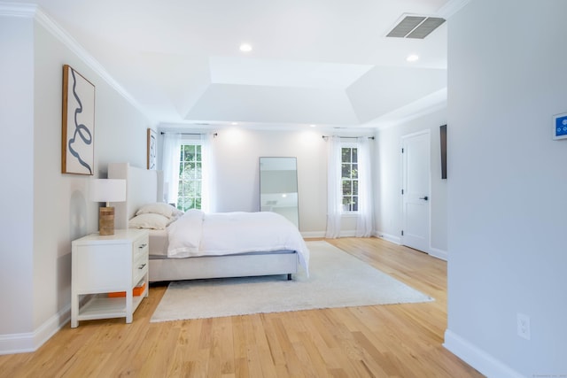 81 Salem Rd, Trumbull, CT 06611 - bedroom with a raised ceiling, multiple windows, light wood-style floors, ornamental molding, and recessed lighting