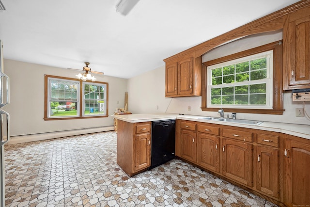 120 Knowles Ave, Southington, CT 06479 - kitchen featuring a baseboard radiator, dishwasher, a peninsula, brown cabinetry, and light countertops