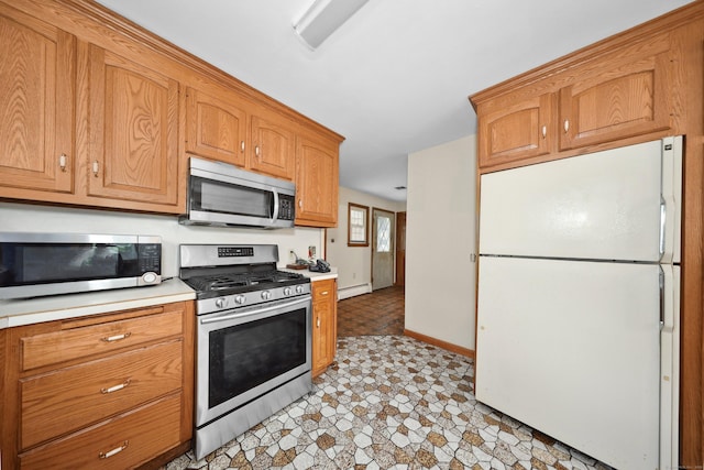 120 Knowles Ave, Southington, CT 06479 - kitchen featuring appliances with stainless steel finishes, light countertops, baseboard heating, and brown cabinetry