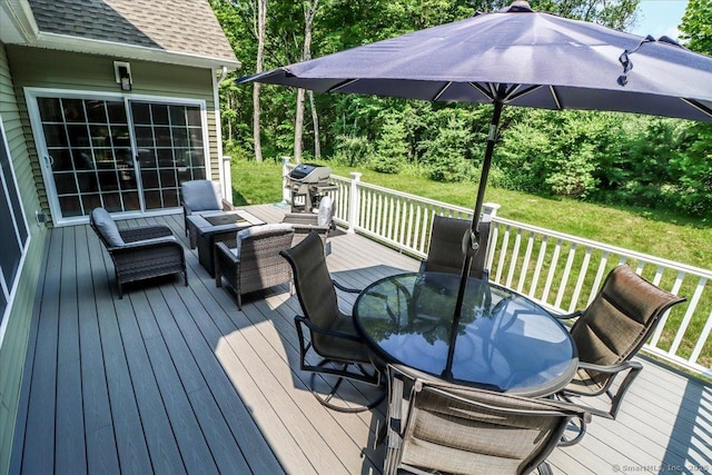 11 Tall Oaks Dr Unit 11, New Milford, CT 06776 - wooden terrace featuring outdoor dining area, a grill, and a yard