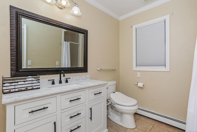 11 Park Ln, Trumbull, CT 06611 - full bathroom featuring a baseboard heating unit, vanity, crown molding, and tile patterned flooring