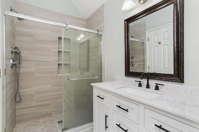 11 Park Ln, Trumbull, CT 06611 - bathroom with a shower stall, vanity, and vaulted ceiling