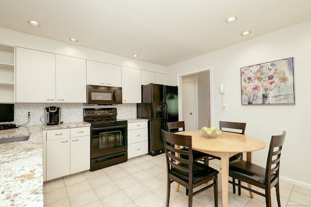 23 Fox Rd, Trumbull, CT 06611 - kitchen with black appliances, open shelves, tasteful backsplash, white cabinetry, and recessed lighting