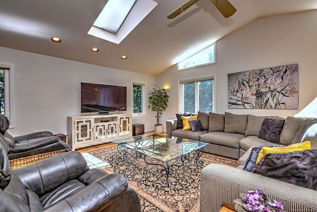 23 Fox Rd, Trumbull, CT 06611 - living area with ceiling fan, wood finished floors, a skylight, recessed lighting, and high vaulted ceiling