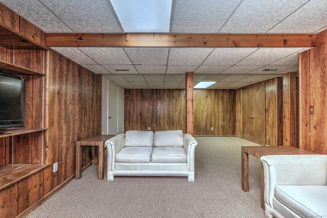 23 Fox Rd, Trumbull, CT 06611 - living area with carpet floors, wooden walls, and a paneled ceiling