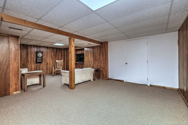 23 Fox Rd, Trumbull, CT 06611 - finished basement with a paneled ceiling, carpet, and wood walls
