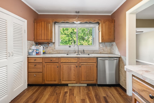 20 Mack Rd, Middlefield, CT 06455 - kitchen with stainless steel dishwasher, light countertops, dark wood-style floors, brown cabinetry, and ornamental molding