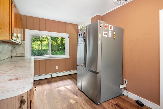 20 Mack Rd, Middlefield, CT 06455 - kitchen featuring freestanding refrigerator, wood finished floors, a baseboard radiator, and light countertops