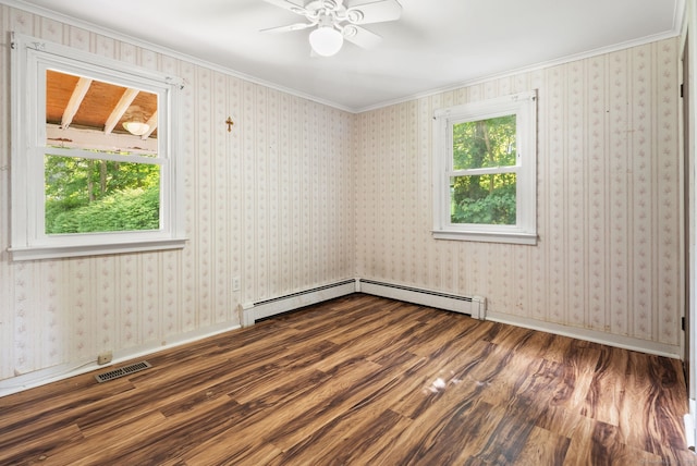 20 Mack Rd, Middlefield, CT 06455 - unfurnished room featuring dark wood-style flooring, ornamental molding, ceiling fan, and a baseboard radiator