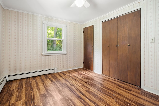 20 Mack Rd, Middlefield, CT 06455 - unfurnished bedroom with wood finished floors, crown molding, a ceiling fan, and baseboard heating