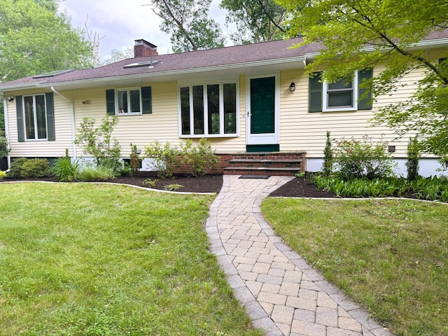 60 Olsen Dr, Mansfield, CT 06250 - ranch-style house with entry steps, a front lawn, and a chimney