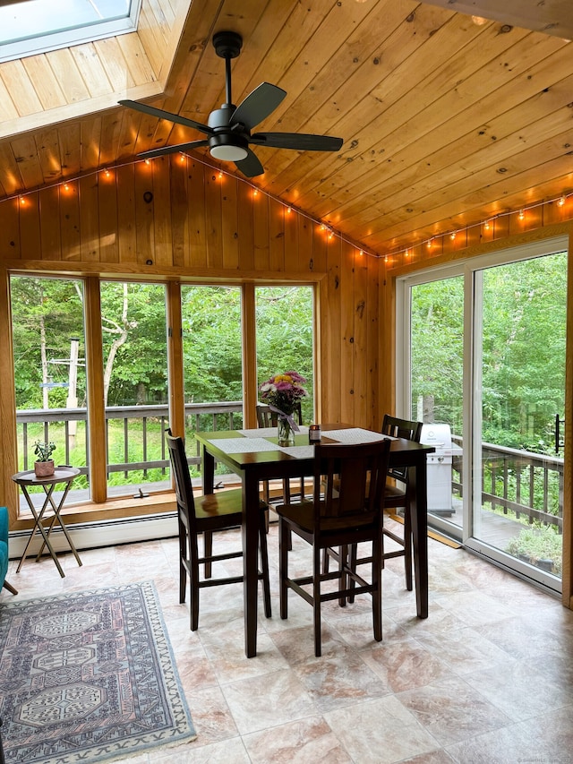 60 Olsen Dr, Mansfield, CT 06250 - dining room with wooden ceiling, lofted ceiling, baseboard heating, light stone finish flooring, and wooden walls