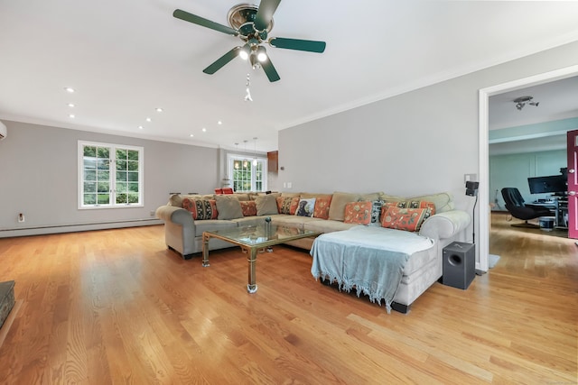 9 Allen Ct, Norwalk, CT 06851 - living room featuring a baseboard radiator, ornamental molding, light wood-type flooring, a ceiling fan, and recessed lighting