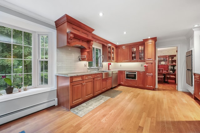 9 Allen Ct, Norwalk, CT 06851 - kitchen featuring a baseboard radiator, dishwasher, light wood-type flooring, decorative backsplash, and glass insert cabinets