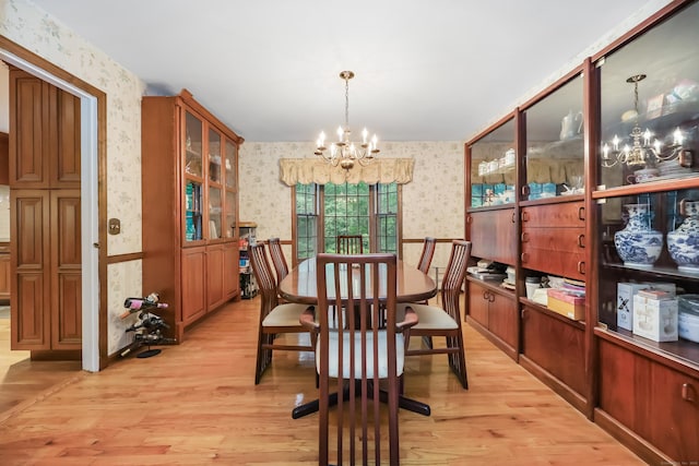 9 Allen Ct, Norwalk, CT 06851 - dining area featuring wallpapered walls, a chandelier, light wood finished floors, and wainscoting