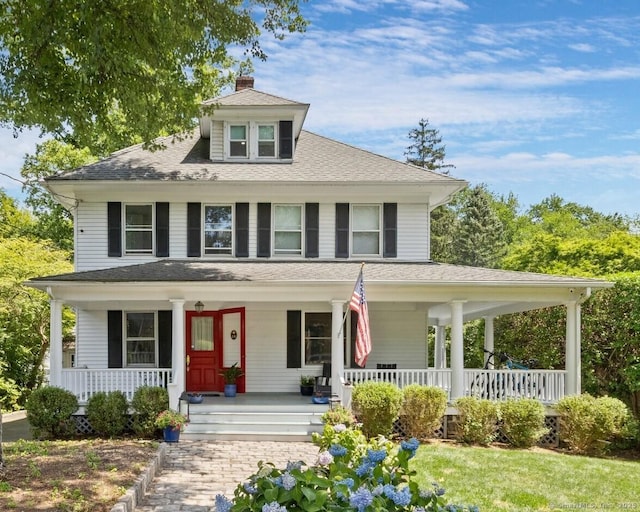 14 Highview Ave, Greenwich, CT 06870 - view of front of house featuring covered porch, a chimney, and a shingled roof