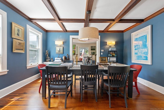 14 Highview Ave, Greenwich, CT 06870 - dining room featuring coffered ceiling, plenty of natural light, wood finished floors, and beamed ceiling