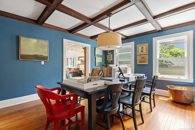 14 Highview Ave, Greenwich, CT 06870 - dining space with coffered ceiling, hardwood / wood-style floors, and beam ceiling