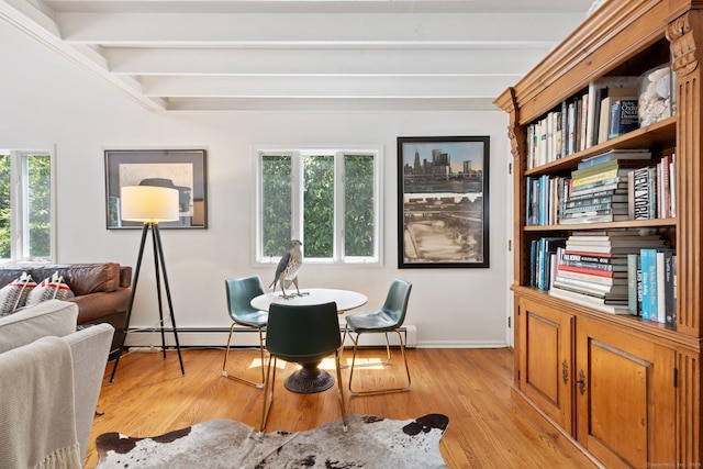 14 Highview Ave, Greenwich, CT 06870 - dining space featuring a baseboard heating unit, beam ceiling, and light wood-type flooring