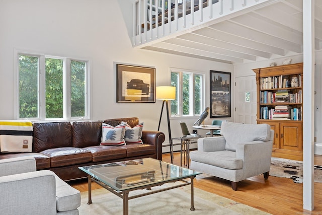 14 Highview Ave, Greenwich, CT 06870 - living room with wood finished floors, beamed ceiling, a baseboard heating unit, and a high ceiling