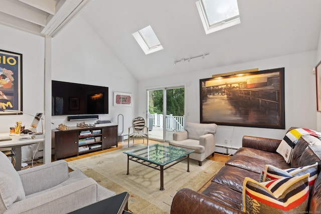 14 Highview Ave, Greenwich, CT 06870 - living area featuring a skylight, a baseboard radiator, high vaulted ceiling, and wood finished floors