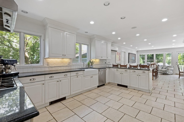14 Highview Ave, Greenwich, CT 06870 - kitchen with dishwasher, decorative backsplash, a peninsula, white cabinetry, and recessed lighting