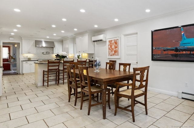 14 Highview Ave, Greenwich, CT 06870 - dining room featuring a wall mounted AC, ornamental molding, baseboard heating, recessed lighting, and light tile patterned floors