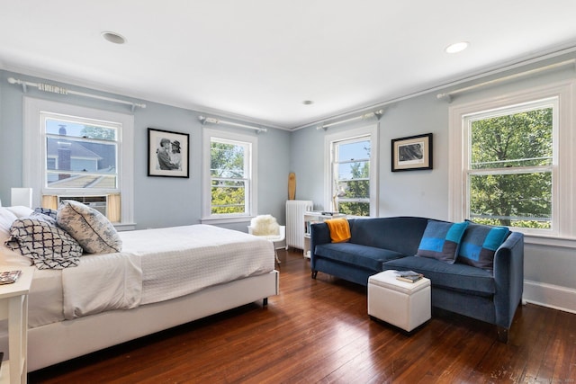 14 Highview Ave, Greenwich, CT 06870 - bedroom with crown molding, dark wood-type flooring, radiator heating unit, and recessed lighting