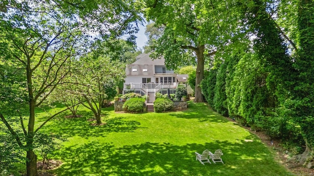 14 Highview Ave, Greenwich, CT 06870 - view of grassy yard featuring stairs and a wooden deck