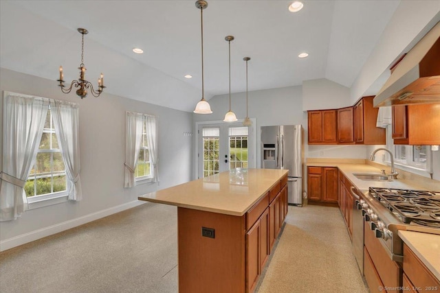 185 Chimney Hill Rd, Wallingford, CT 06492 - kitchen with stainless steel refrigerator with ice dispenser, lofted ceiling, brown cabinetry, light colored carpet, and a chandelier