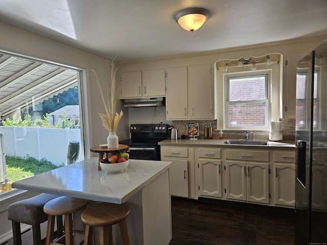 805 Savin Ave, West Haven, CT 06516 - kitchen with under cabinet range hood, electric range, stainless steel fridge, and healthy amount of natural light
