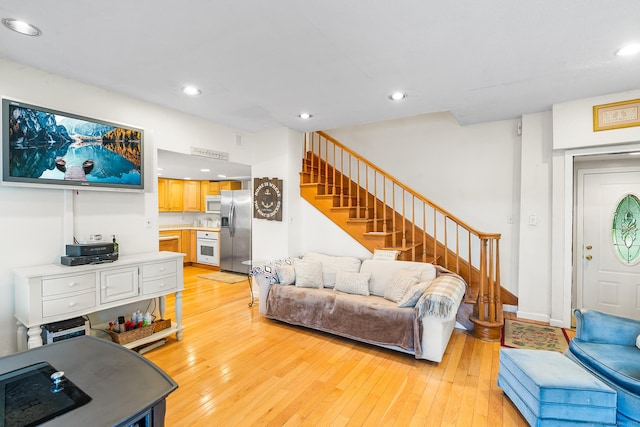 11 Bayside Dr, Wales, MA 01081 - living area featuring stairs, light wood-type flooring, and recessed lighting
