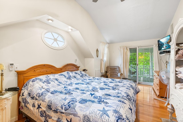 11 Bayside Dr, Wales, MA 01081 - bedroom with access to outside, vaulted ceiling, light wood-style flooring, and a ceiling fan