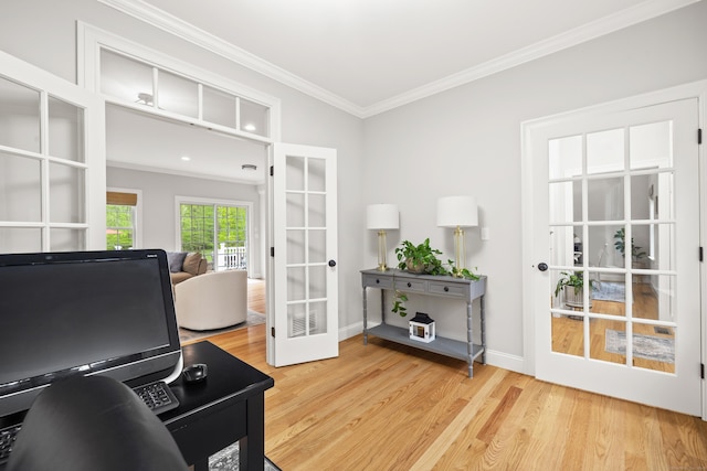 261 W St, Hebron, CT 06248 - home office featuring french doors, crown molding, and light wood-style floors