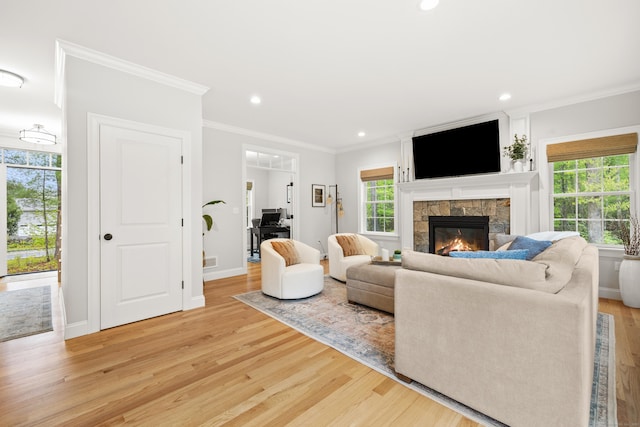 261 W St, Hebron, CT 06248 - living area with light wood-type flooring, recessed lighting, a fireplace, and crown molding