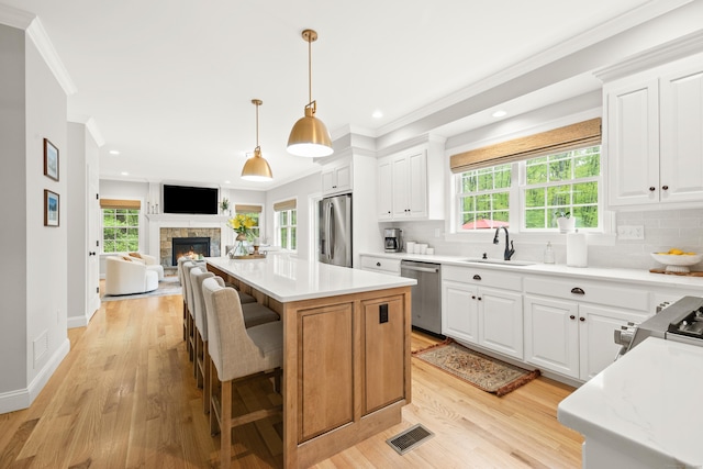 261 W St, Hebron, CT 06248 - kitchen featuring stainless steel appliances, ornamental molding, decorative backsplash, light wood-style flooring, and open floor plan