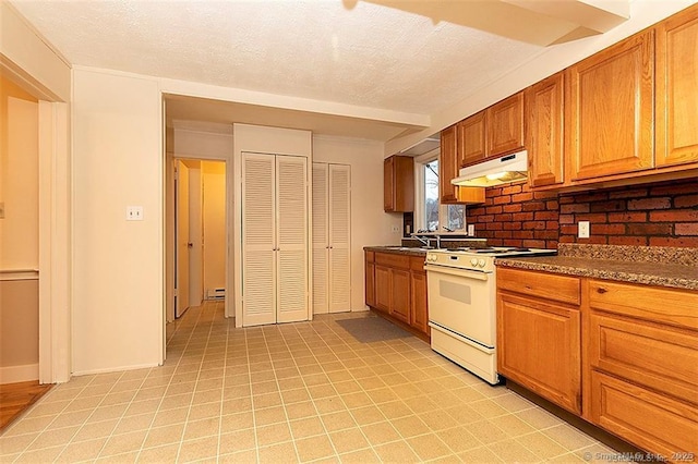 37 Landin St, Woodbridge, CT 06525 - kitchen featuring white electric stove, under cabinet range hood, brown cabinetry, tasteful backsplash, and a textured ceiling