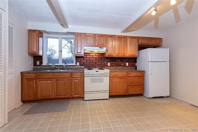 37 Landin St, Woodbridge, CT 06525 - kitchen with white appliances, under cabinet range hood, tasteful backsplash, beam ceiling, and brown cabinets