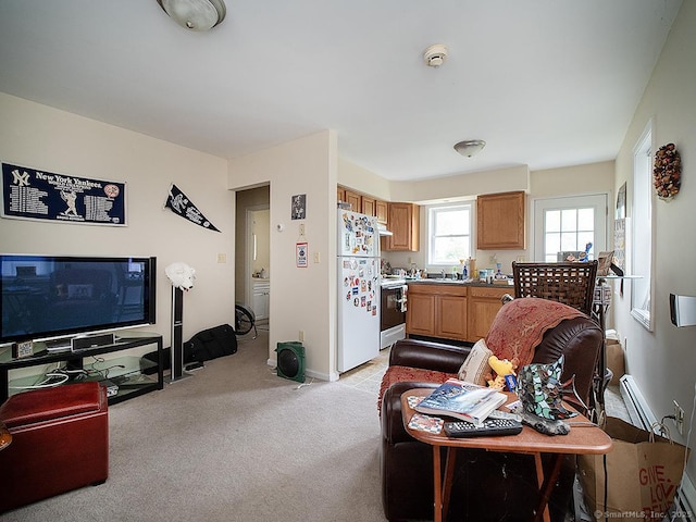 37 Landin St, Woodbridge, CT 06525 - living area featuring light colored carpet and a baseboard radiator
